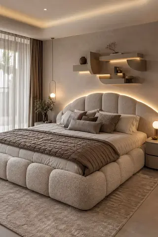 Modern Upholstered Bed with Scalloped Headboard