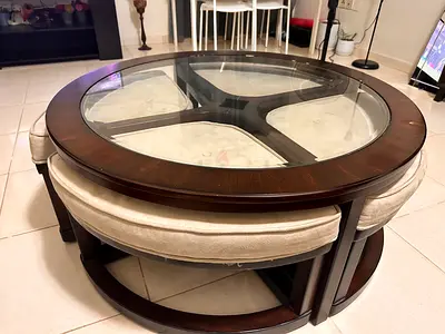 Round Glass Top Coffee Table with 4 Nesting Stools - Dark Wood