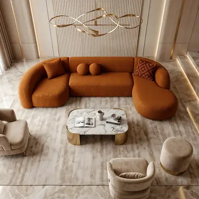 Caramel brown boucle 7 seater sectional sofa