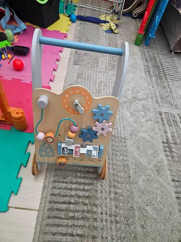 Wooden baby walker activity toy with gears and bead maze - good condition