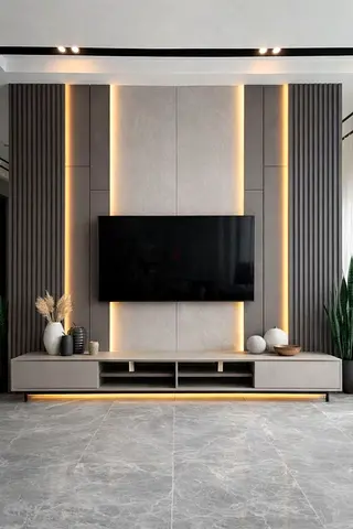Modern wall-mounted entertainment center with integrated LED lighting