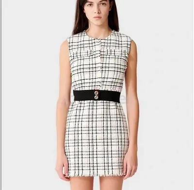 Maje Sleeveless Black & White Tweed Mini Dress with Waist Belt