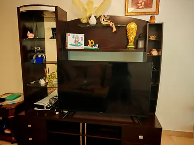 Dark wood entertainment TV (tv not included) unit with shelves and storage