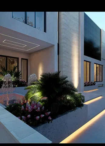 Modern Outdoor Planter & Lighting Feature - Concrete Raised Bed with Plants