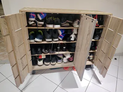 Wooden 4 Shelf Shoe Cabinet with  Doors - Light Oak Finish.