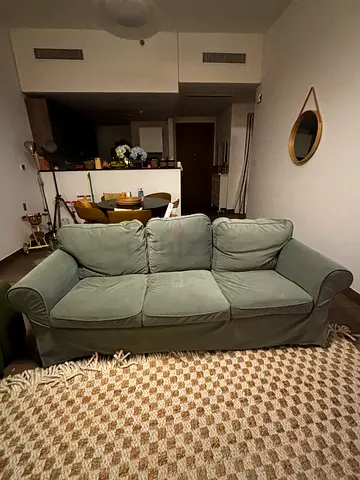 2x Comfortable Ikea Ektorp 3-Seater Fabric Sofa — Light Green, Good Condition + Free beige covers