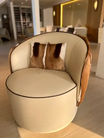 Round Leather Accent Chair with Fur Detailing