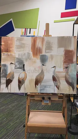 Hand-painted Canvas of Five Cranes on Easel