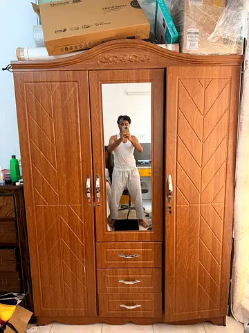 Custom built Wooden 3-Door Wardrobe with Mirror and Drawers with locks and keys - Good Condition