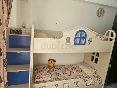 Wooden 3 mattress Kids Bunk Bed with Playhouse Design — Good Condition