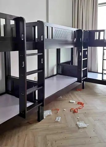 Solid Wood Double Bunk Bed Frame - Dark Finish, Good Condition
