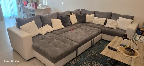 Large U-Shaped Sectional Sofa in Grey with White Cushions