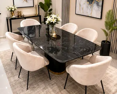 Modern Black Marble Dining Table with 8 Beige Velvet Chairs - Excellent Condition