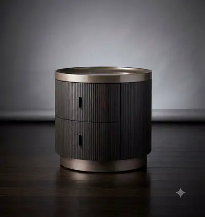 Round Wooden Nightstand with Two Drawers - Dark Finish
