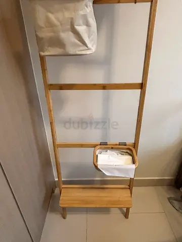 Wooden Ladder Towel Rack with Shelf - Light Oak Finish