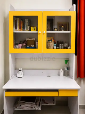 White and Yellow Desk with Glass-Front Upper Cabinets, Single Drawer
