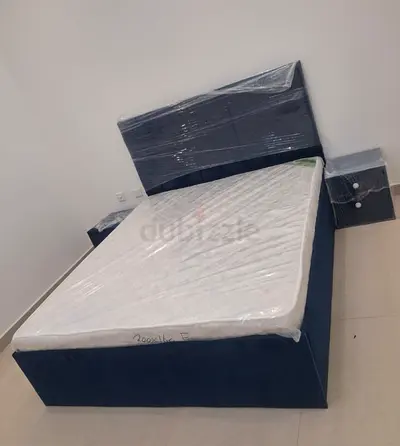 Double Bed Frame with Headboard and Mattress + 2 Nightstands - Dark Blue