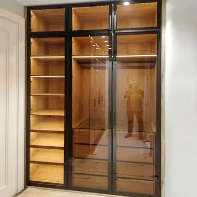 Custom built-in wardrobe with glass doors and LED lighting