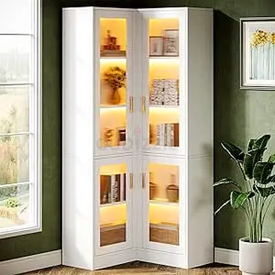 White Corner Display Cabinet with Glass Doors and LED Lighting