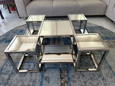 Modern mirrored glass coffee table set with 5 nesting side tables