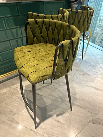 Set of 3 Green Woven Fabric bar Chairs with Metal Frame