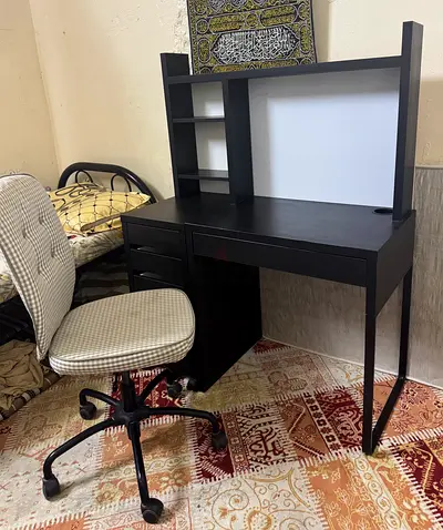 IKEA Black Wooden Study Desk with Hutch and Rolling Chair - Good Condition