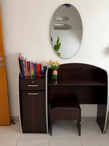 Dark Wood Dressing Table with Stool and Side Cabinet - Compact Vanity
