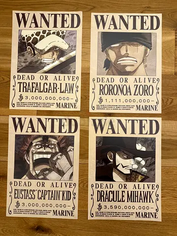Authentic Japanese posters, One Piece 'Wanted' Poster Prints (Zoro, Law, Mihawk, Captain Kid)
