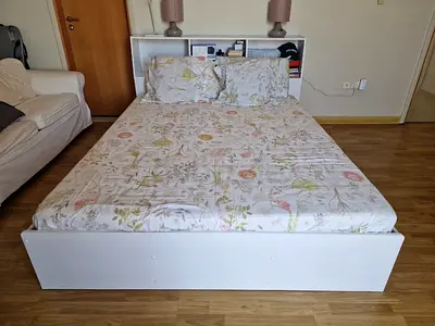 White wooden double bed with built-in headboard storage - perfect condition