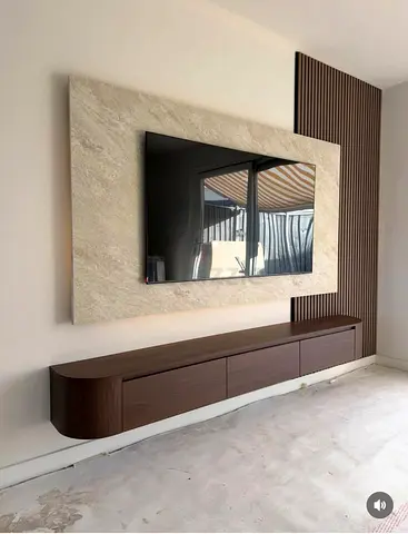 Wall-mounted TV Unit with Marble TV Frame and Floating Wooden Cabinet