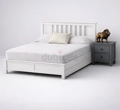 White Wooden Double Bed Frame with Slatted Headboard - Good Condition