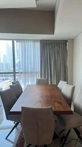 Solid Wood Dining Table with 6 Upholstered Chairs - Good Condition, Mild Stain on one corner