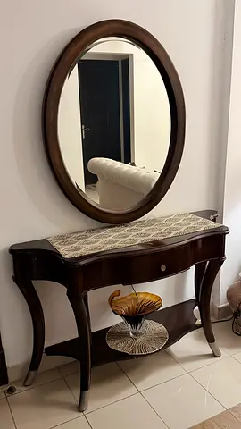 Dark Wood Vanity Table with Matching Mirror For Sale