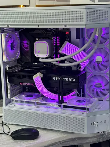 Custom white RGB gaming PC with GeForce RTX GPU (open-frame case)