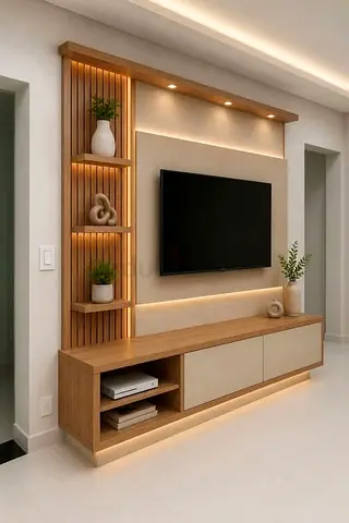 Modern wooden TV entertainment unit with built-in shelving and LED lighting