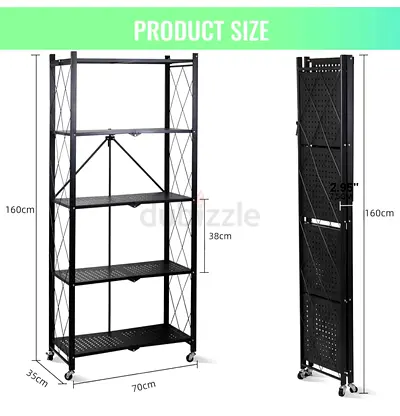 Foldable 5-Tier Metal Storage Rack with Wheels - 160cm