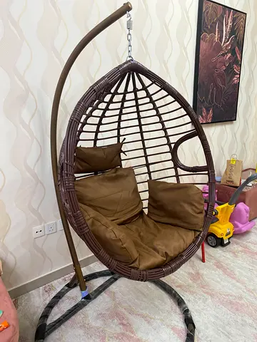 Brown Rattan Egg Swing Chair with Cushion and Stand - Good Condition