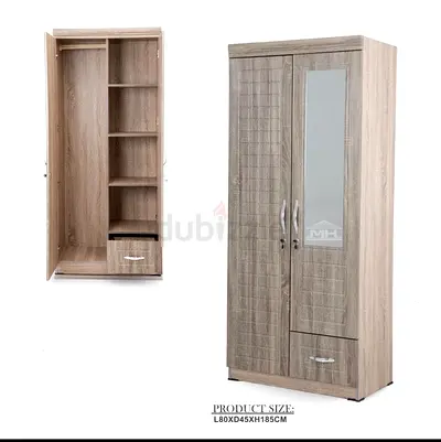 2-Door Wooden Wardrobe with Mirror and Drawer - 185cm Height