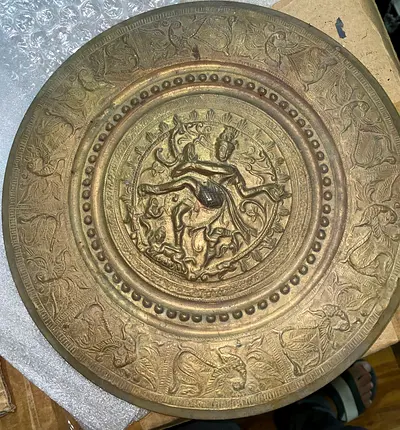 Brass Decorative Antique Plate with Statue Motif - 26cm length