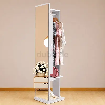 Slim White Mirrored Wardrobe Rack with Hanging Rod and Shelves