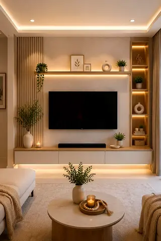 Modern minimalist TV wall unit with integrated LED shelving