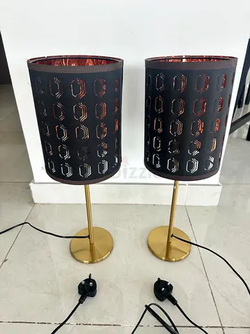 Pair of modern black & copper bedside/table lamps with brass stands