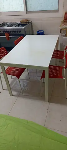 IKEA White Dining Table with 4 Red Chairs - Simple Modern Set