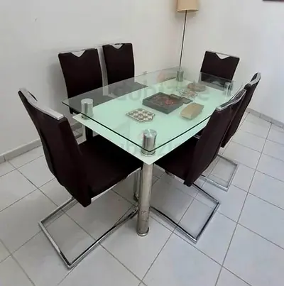 6 Seater Glass Top Dining Table with Brown Upholstered Chairs