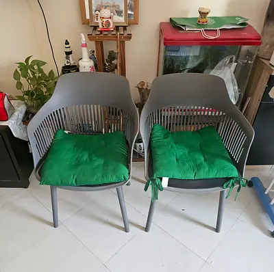 Pair of modern grey plastic dining chairs with green cushions