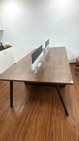 Large Wooden Shared Office Desk with Dual Monitor Dividers - Good Condition