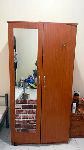 Two Door Wooden Wardrobe with Mirror and single Bed with mattress.