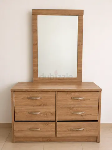 Oak Finish Dresser with Mirror - 6 Drawers, Good Condition