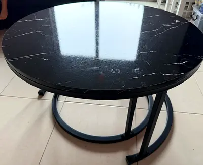 Round Black Marble-Top Coffee Table with Metal Base