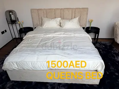 Queen fabric bed frame with upholstered headboard - good condition